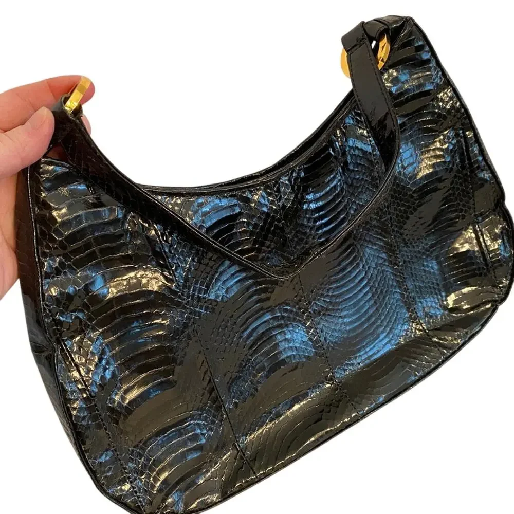 Vintage J Renee black snakeskin top handle purse classic 1980's hobo shoulderbag